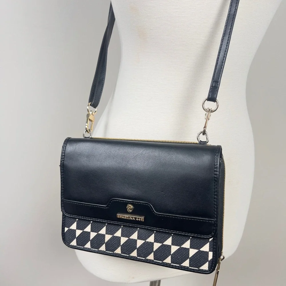 Spartina 449 Crossbody Bag Womens Small Geometric Linen Leather Black Cream Chic